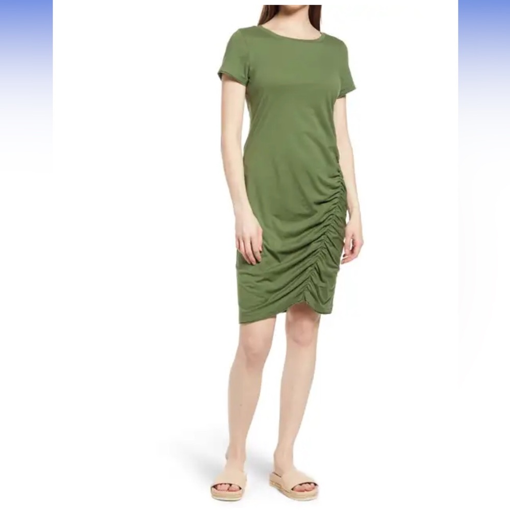 Melrose and Market Women’s Ruched Green Cotton Blend T-Shirt Dress - Picture 2 of 8